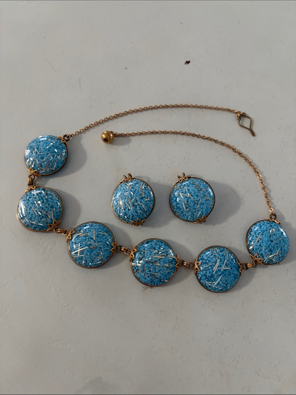 Vintage 1950 blue confetti lucite Demi parure necklace earrings set MCM Matisse